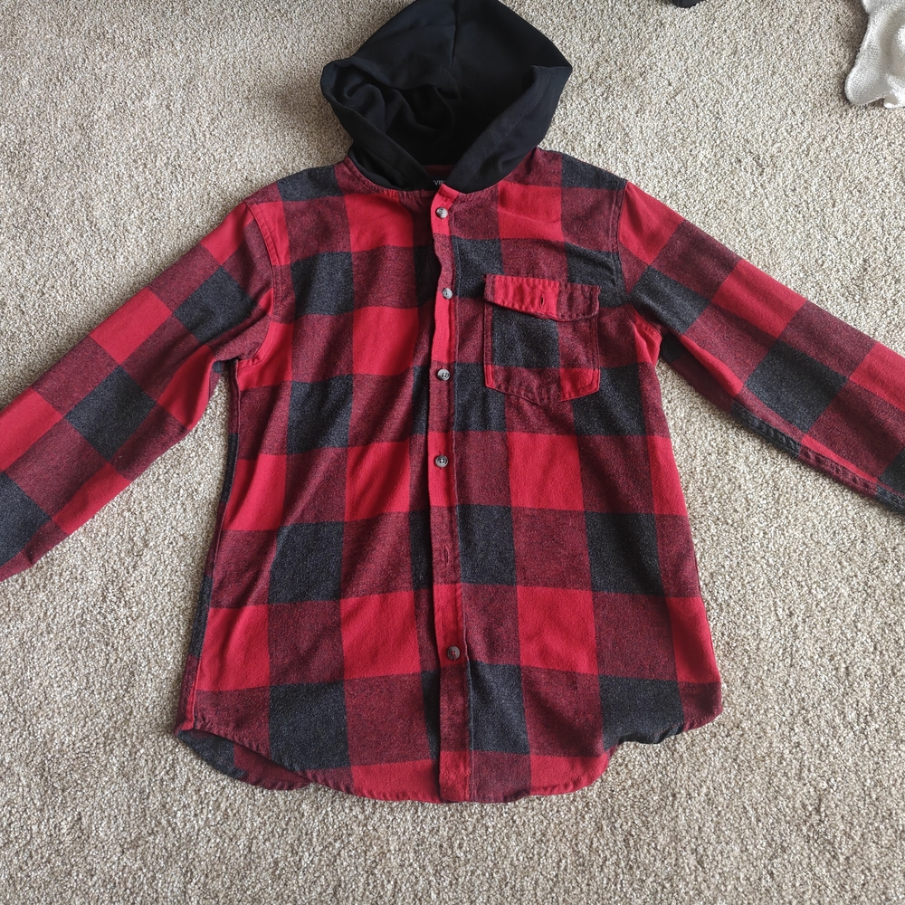 Univibe Red and Black Buffalo Plaid Hooded Button-Down Shirt